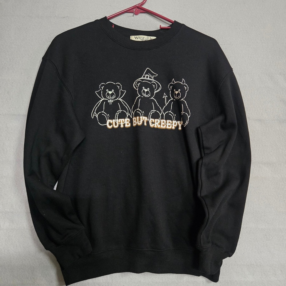 Cute But Creepy Halloween Teddy Bear Sweatshirt Women XS Black Crewneck Pullover